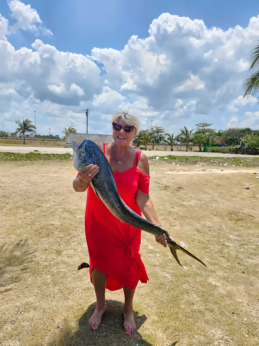 A freshly caught dorado, still on the shore