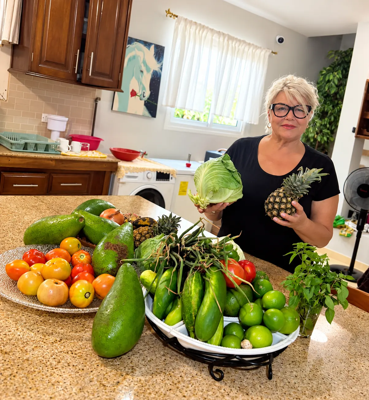 Anna Milone in the kitchen, holding a cabbage and a pineapple, the counter covered in fruit and vegetables